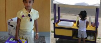 Mädchen verkauft Limonade und kauft Waren für arme Familien
