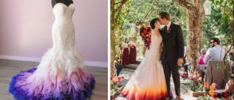 Die Frau verwandelte ihr Hochzeitskleid und fügte einige Farben hinzu